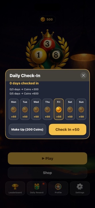 Daily check-in rewards screen